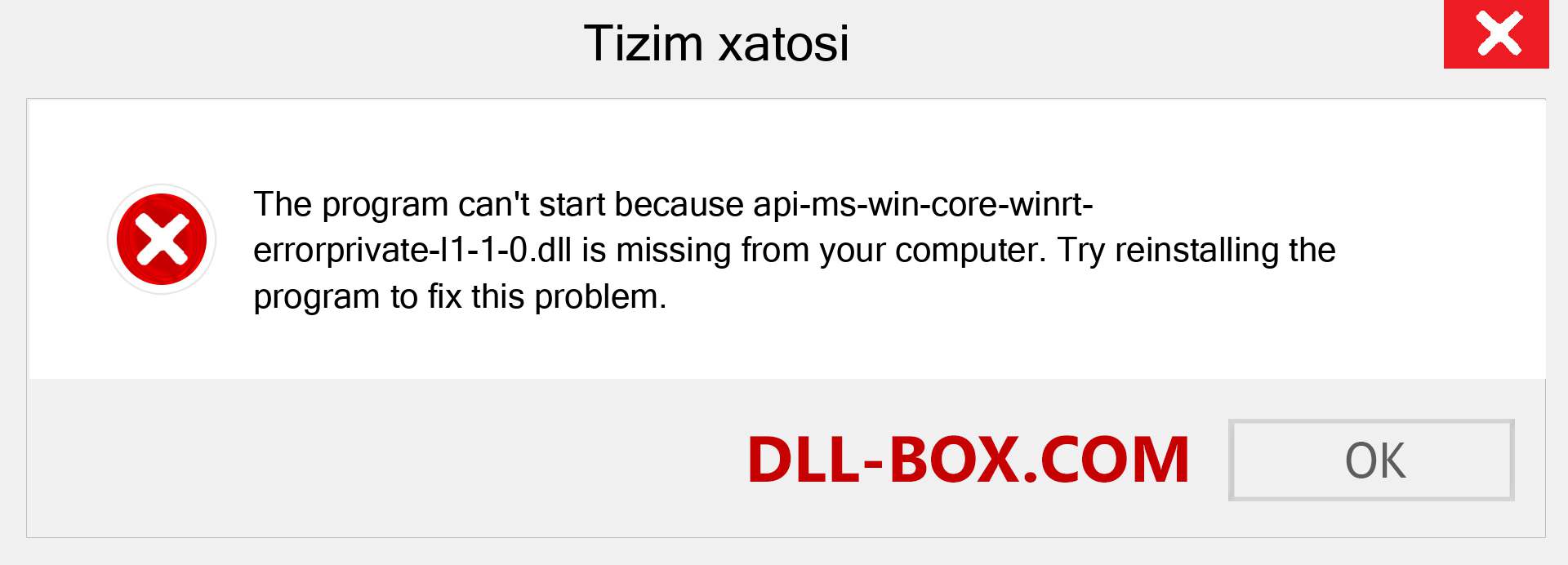api-ms-win-core-winrt-errorprivate-l1-1-0.dll fayli yo'qolganmi?. Windows 7, 8, 10 uchun yuklab olish - Windowsda api-ms-win-core-winrt-errorprivate-l1-1-0 dll etishmayotgan xatoni tuzating, rasmlar, rasmlar